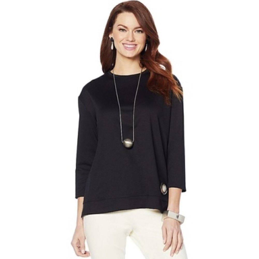 Marla Wynne Sz M Black Ponte Knit Grommet Box Top Blouse Tunic Womens